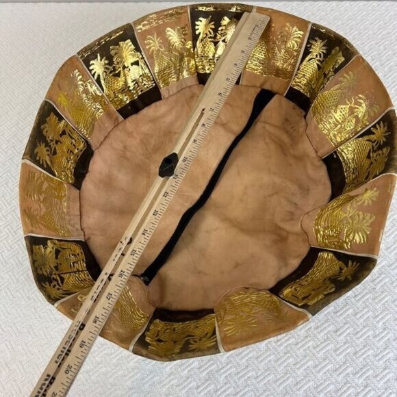 Vintage Handmade Genuine Leather Made in Egypt Pouf Ottoman Pyramids Empty - Picture 7 of 9